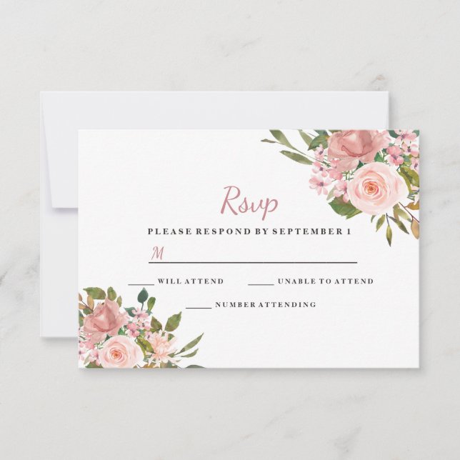 Pink & Rose Gold Floral Elegant Wedding RSVP Card (Front)