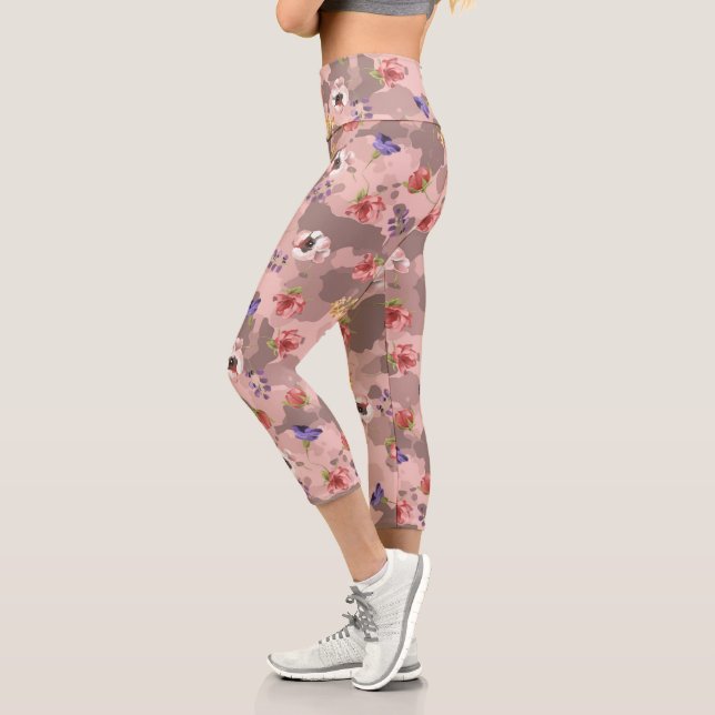 Pink Rose Gold Floral Flower Army Camouflage Camo Capri Leggings (Left)