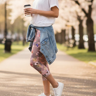 Pink Rose Gold Floral Flower Army Camouflage Camo Capri Leggings