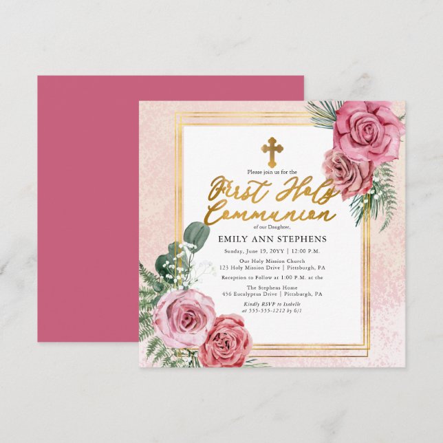 Pink Rose |Gold Floral Frame First Holy Communion Invitation (Front/Back)