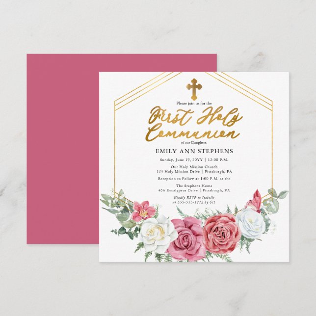 Pink Rose | Gold Floral Frame First Holy Communion Invitation (Front/Back)