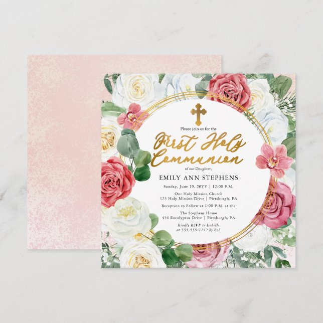 Pink Rose | Gold Floral Frame First Holy Communion Invitation (Front/Back)