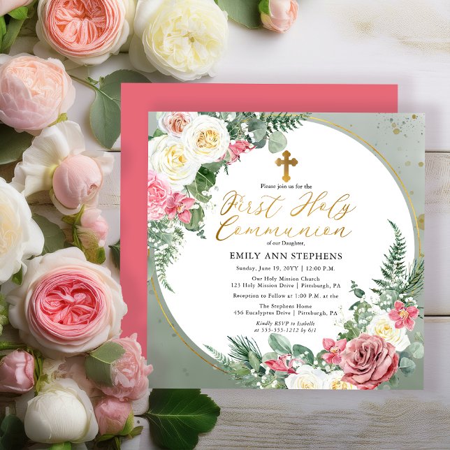 Pink Rose | Gold Floral Frame First Holy Communion Invitation (Elegant Pink Rose and Gold Tone Frame Girl First Holy Communion Invitation -Print | Digital Download)