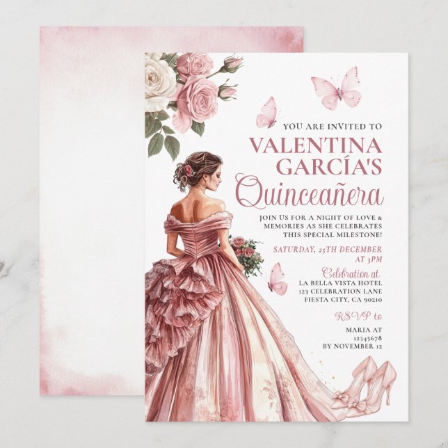 Pink Rose Gold Floral Quinceañera 15 Anos  Invitation (Front/Back)