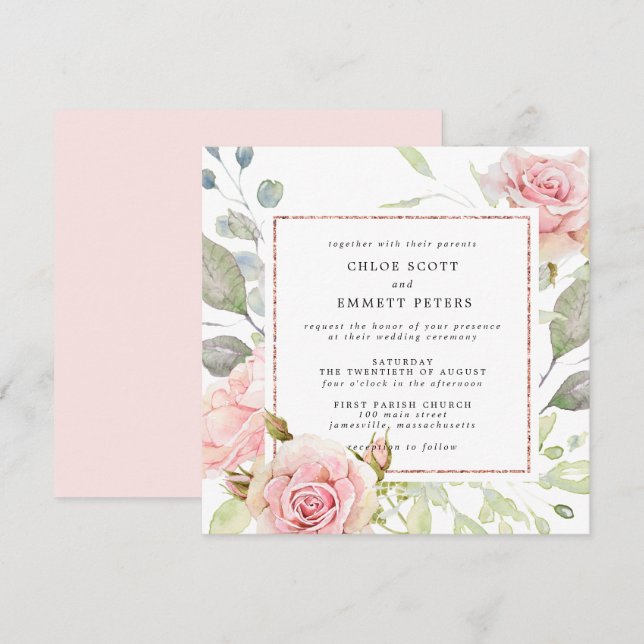 Pink Rose Gold Floral Square Wedding Invitation (Front/Back)