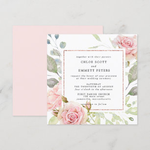 Pink Rose Gold Floral Square Wedding Invitation