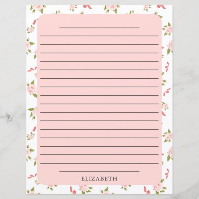Pink Rose Gold Floral Stationery Paper (Front)