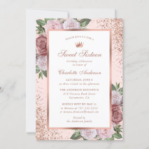 Pink Rose Gold Floral Sweet 16 Birthday Invitation