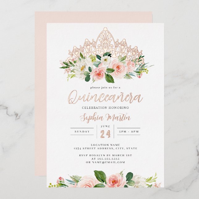 Pink Rose Gold Floral Tiara Butterfly Quinceanera  (Front/Back)