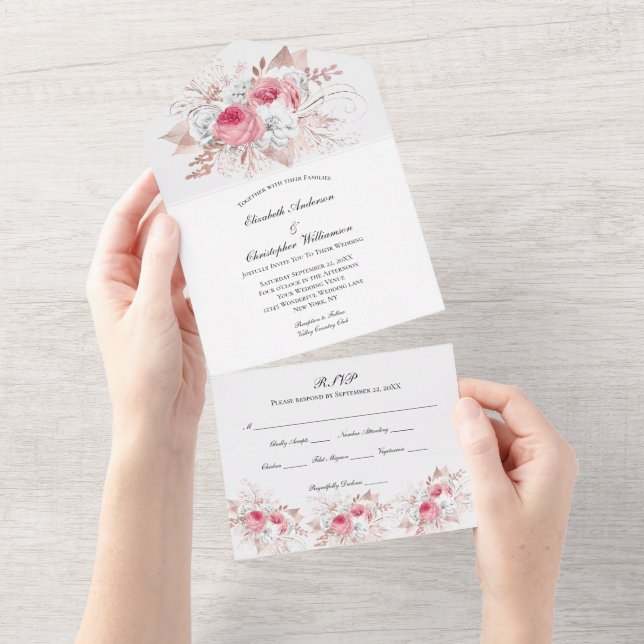Pink Rose Gold Floral Wedding  All In One Invitation (Tearaway)