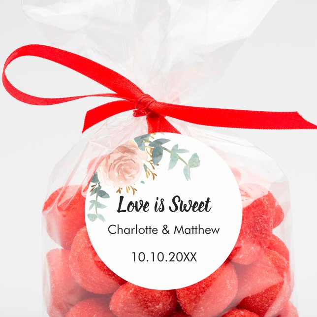 Pink rose gold floral wedding Love is Sweet Classic Round Sticker (Creator Uploaded)