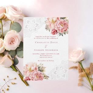 Pink rose gold floral white lace luxury wedding invitation
