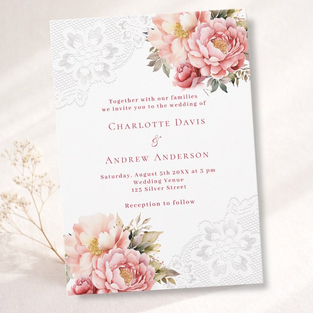 Pink rose gold floral white lace wedding invitation (Creator Uploaded)