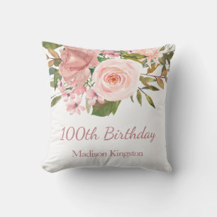 Pink Rose Gold Flowers 100th Birthday Party Gift Cushion