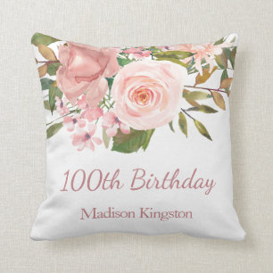 Pink Rose Gold Flowers 100th Birthday Party Gift Cushion