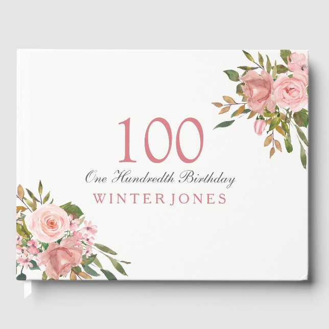Pink Rose Gold Flowers 100th Birthday Party Guest Book (Front)
