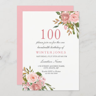 Pink Rose Gold Flowers 100th Birthday Party Invite