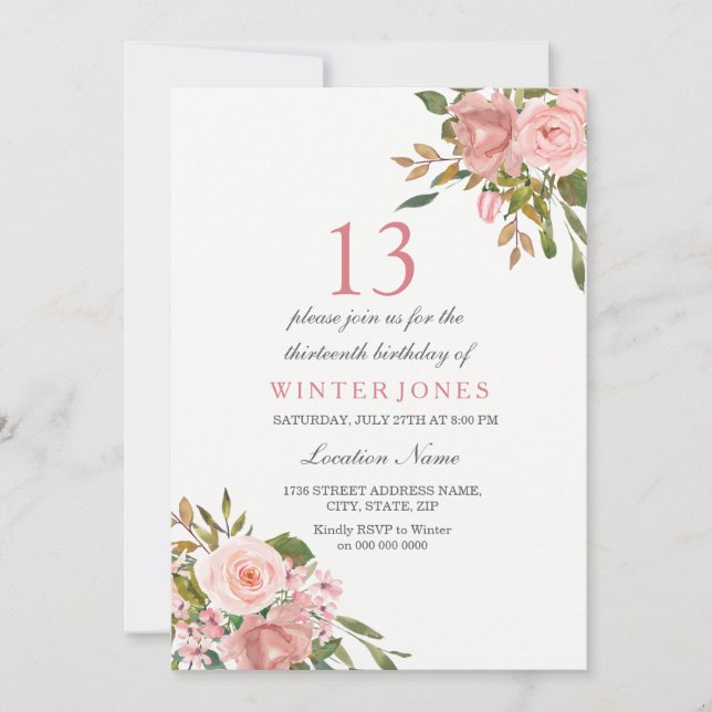 Pink Rose Gold Flowers 13th Birthday Party Invite (Front)