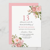 Pink Rose Gold Flowers 13th Birthday Party Invite (Front/Back)