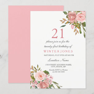 Pink Rose Gold Flowers 21st Birthday Party Invite
