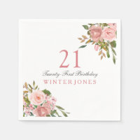 Pink Rose Gold Flowers 21st Birthday Party Napkins