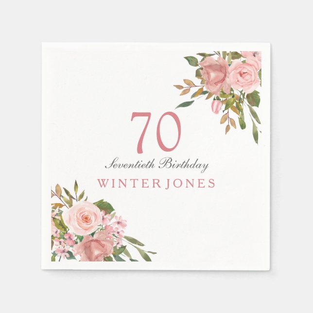 Pink Rose Gold Flowers 70th Birthday Party Napkins (Front)