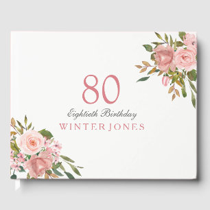 Pink Rose Gold Flowers 80th Birthday Party Guest Book