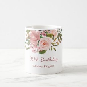 Pink Rose Gold Flowers 90th Birthday Party Gift Coffee Mug