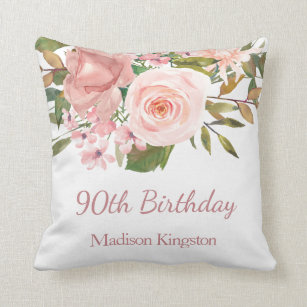 Pink Rose Gold Flowers 90th Birthday Party Gift Cushion