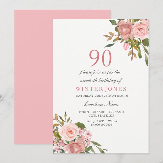 Pink Rose Gold Flowers 90th Birthday Party Invite (Front/Back)