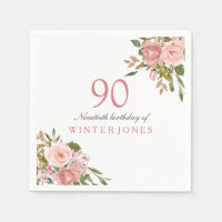 Pink Rose Gold Flowers 90th Birthday Party Napkins