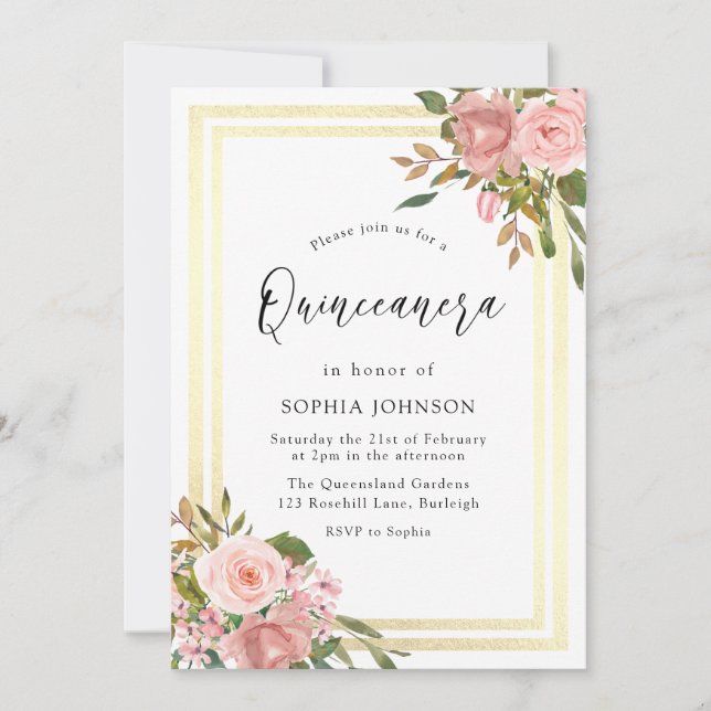 Pink Rose Gold Flowers Double Border Quinceanera Invitation (Front)