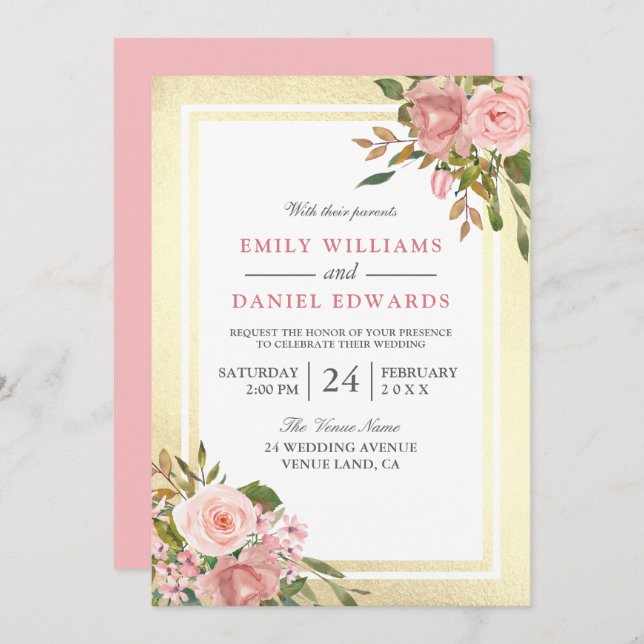 Pink Rose Gold Flowers Golden Border Wedding Invitation (Front/Back)