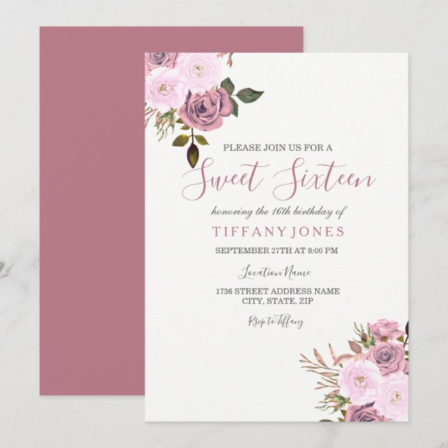 Pink & Rose Gold Flowers Sweet Sixteen Invite (Front/Back)