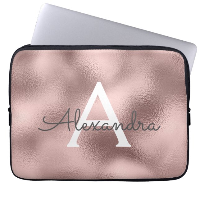Pink Rose Gold Foil and Sparkle Monogram Laptop Sleeve (Front)