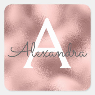Pink Rose Gold Foil and Sparkle Monogram Square Sticker