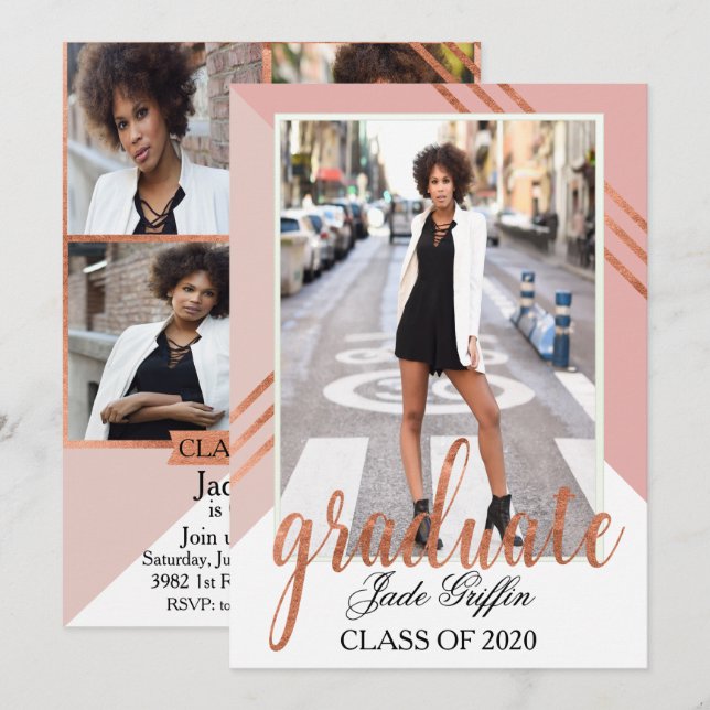 Pink & Rose Gold Foil Graduation Party Celebration Invitation (Front/Back)