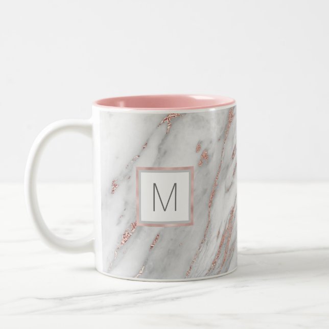 Pink Rose Gold Foil Marble Grey MONOGRAM Two-Tone Coffee Mug (Left)