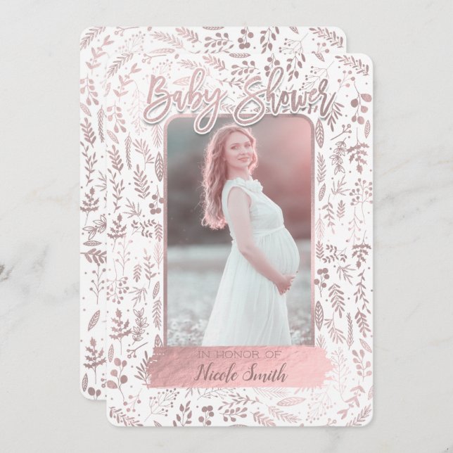 Pink Rose Gold Foil Modern Baby Shower Photo Invitation (Front/Back)