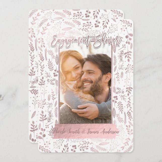 Pink Rose Gold Foil Modern Engagement Shower Photo Invitation (Front/Back)