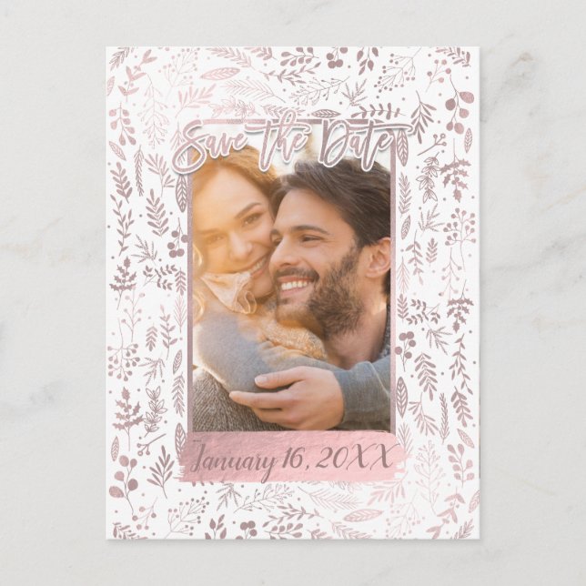 Pink Rose Gold Foil Modern Script Save the Date Announcement Postcard (Front)