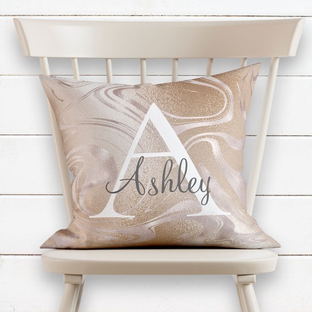 Pink Rose Gold Foil Sparkle Marble Monogram Name Cushion (Creator Uploaded)