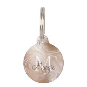 Pink Rose Gold Foil Sparkle Marble Monogram Name Pet Tag