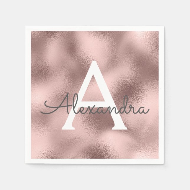 Pink Rose Gold Foil & Sparkle Monogram Birthday Napkin (Front)