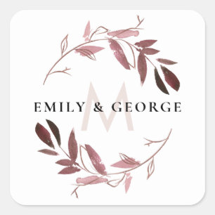 PINK ROSE GOLD FOLIAGE MONOGRAM WREATH WEDDING SQUARE STICKER