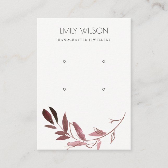 PINK ROSE GOLD FOLIAGE TWO EARRING DISPLAY LOGO BUSINESS CARD (Front)