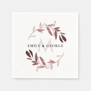 PINK ROSE GOLD FOLIAGE WREATH MONOGRAM WEDDING NAPKIN