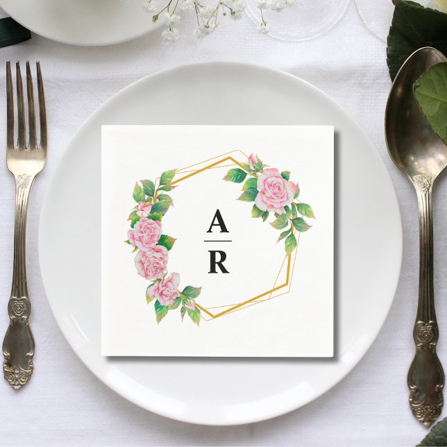 Pink Rose Gold Geometric Frame Wedding Monogram  Napkin (Pink rose gold geometric frame monogram napkins add chic elegance to your wedding table)