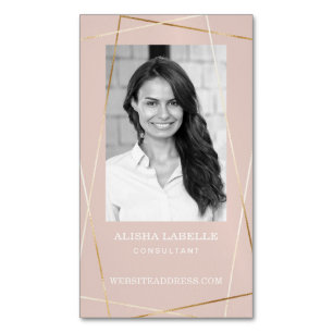 Pink Rose & Gold Geometric Photo Layout & Monogram Magnetic Business Card