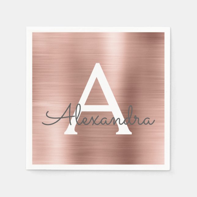 Pink Rose Gold Girly Foil Monogram Birthday Napkin (Front)